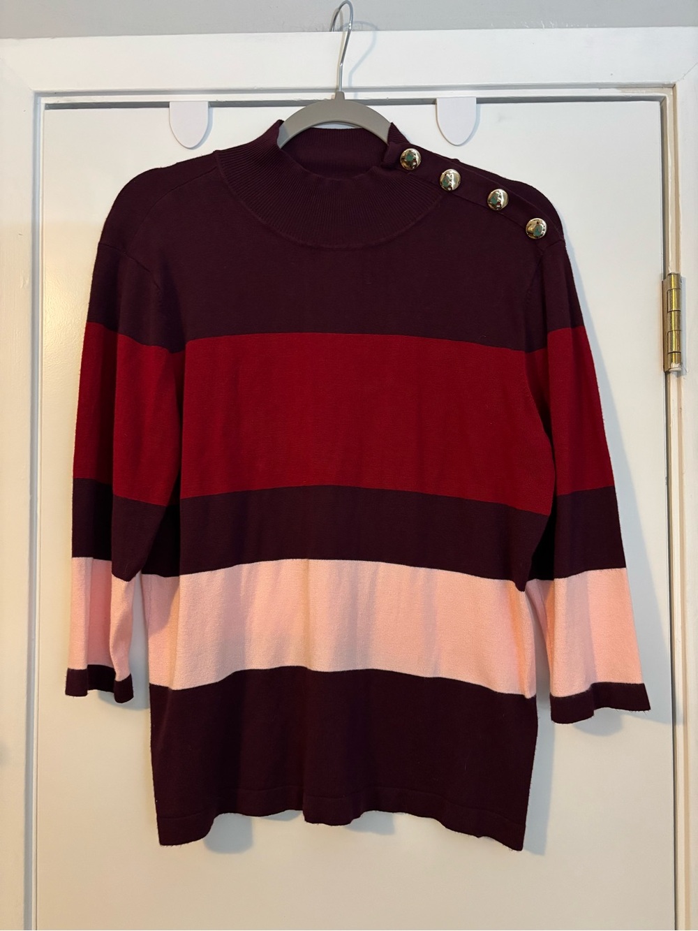 New York & Company Burgundy Knit Mock Neck Sweater with Gold Button